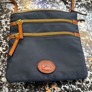 Dooney & Bourke Nylon North South triple zipNavy Crossbody with Tan Leather Trim